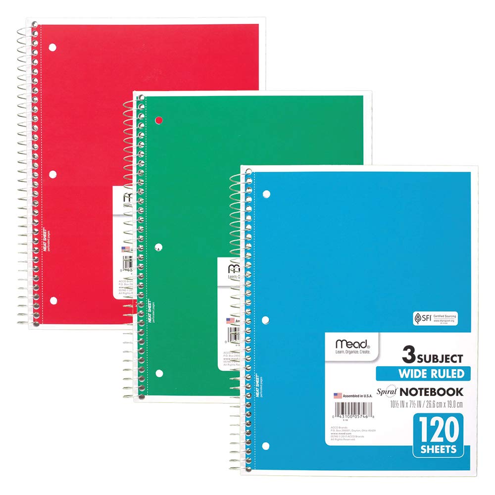Mead Spiral Notebooks, 3 Subject, Wide Ruled Paper, 120 Sheets, 10-1/2' X 7-1/2', Red, Green, Blue, 3 Pack (73179)