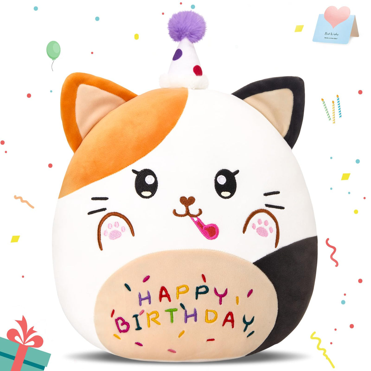 Cozyworld 12    Birthday Cat Plush Pillow, Cat Stuffed Animal, Kawaii Plushie Soft Plush Toy Birthday Decor Gift For Kids Toddle