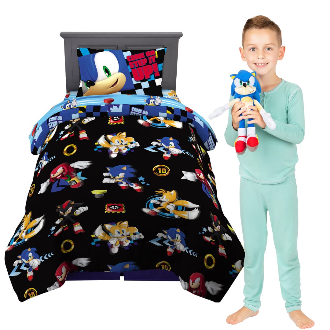 Franco Sonic The Hedgehog Anime Kids Bedding Twin/Full Comforter With Twin Sheet Set And Cuddle Pillow, 5 Piece Bedroom Set (Off