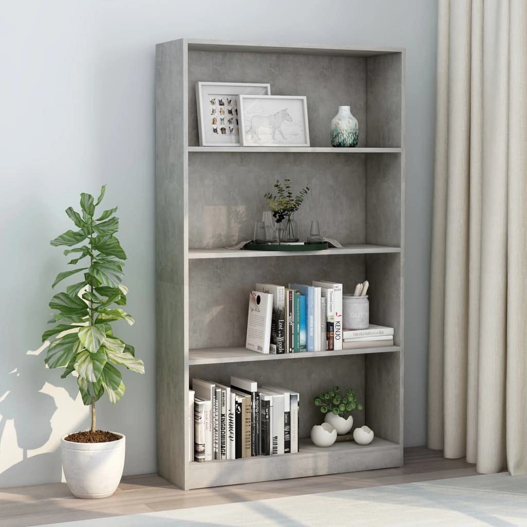 vidaXL 4-Tier Engineered Wood Book Cabinet - Concrete Gray - Functional Storage Solution for Books, DVDs, and Decorative Items