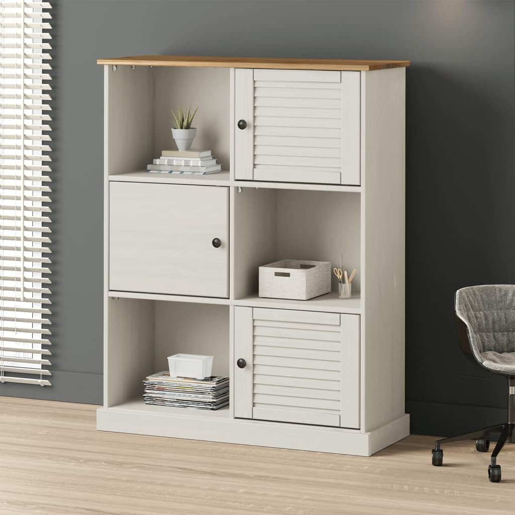 vidaXL VIGO White 6-Cube Solid Pine Wood Bookcase - Freestanding Display Shelf with Shutter Design for Living Room/Study