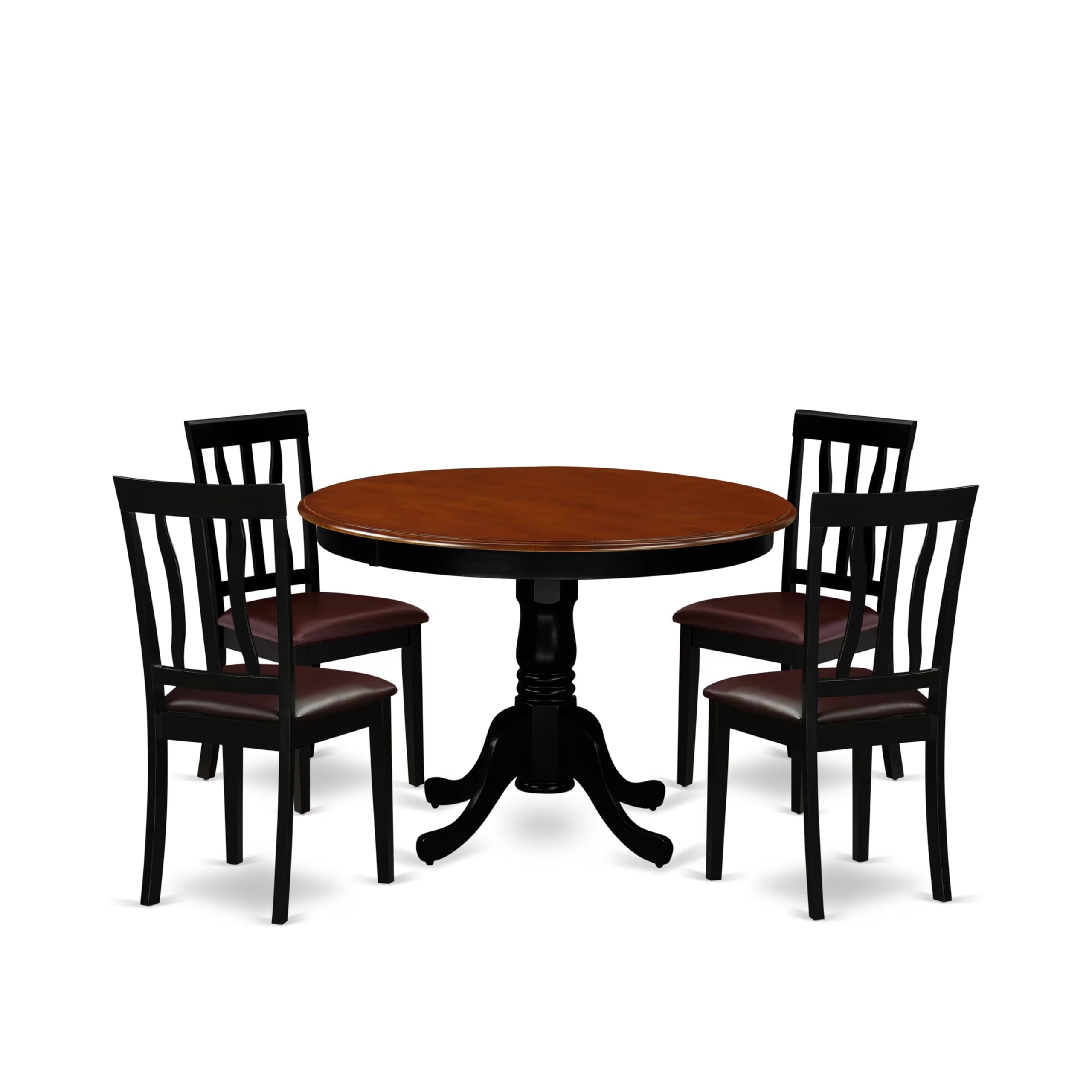 East West Furniture HLAN5-BCH-LC 5 Piece Dining Set Includes a Round Dining Table with Pedestal and 4 Faux Leather Kitchen Room Chairs, 42x42 Inch, Black & Cherry