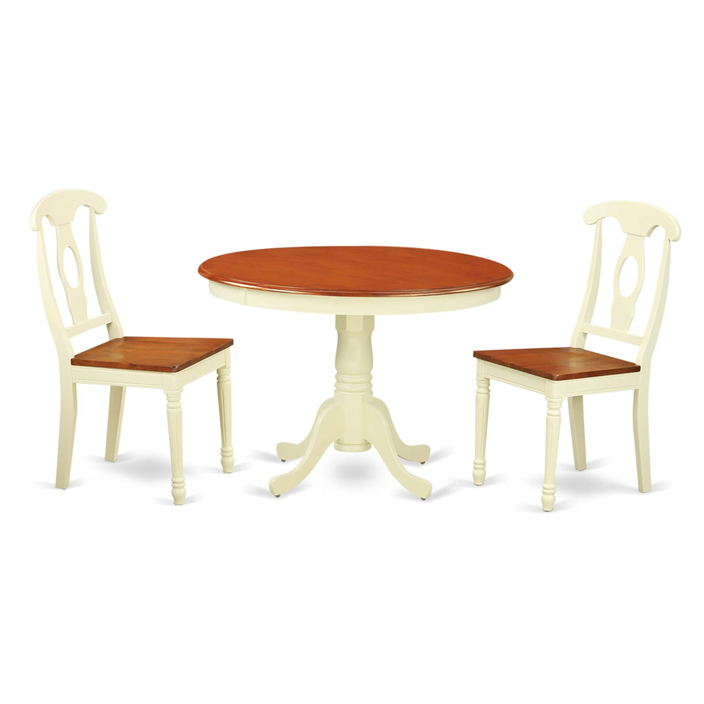 East West Furniture HLKE3-BMK-W 3 Piece Kitchen Table Set for Small Spaces Contains a Round Dining Room Table with Pedestal and 2 Solid Wood Seat Chairs, 42x42 Inch, Buttermilk & Cherry