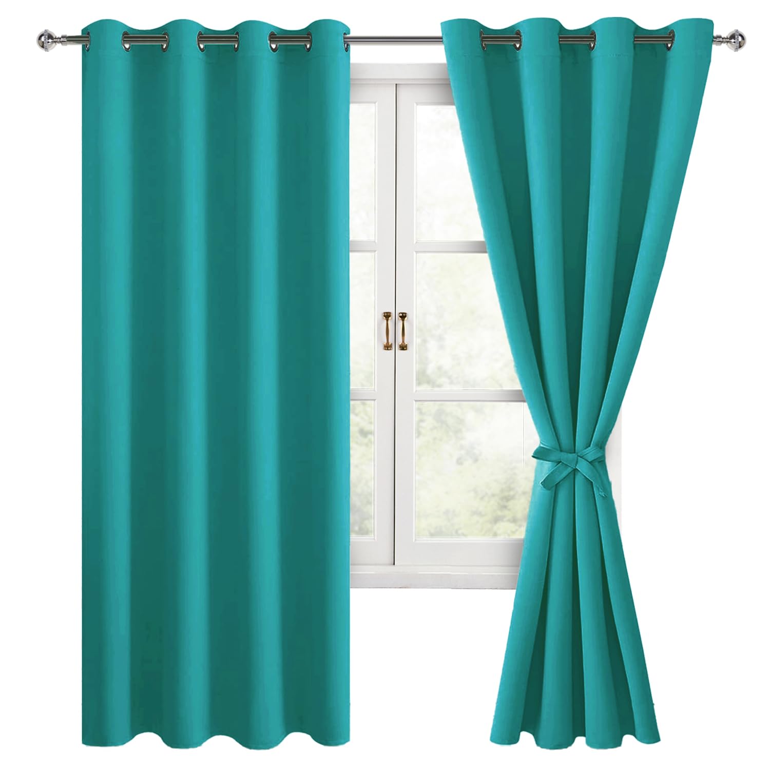 Hiasan Blackout Curtains For Bedroom, 52 X 63 Inches Length - Thermal Insulated & Energy Saving Window Curtains For Living Room, 2 Drape Panels Sewn With Tiebacks, Peacock Teal