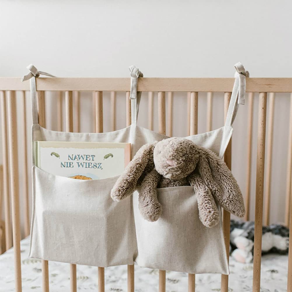 YeeMan Linen Baby Bedside Hanging Storage Bag,2 Pockets Organizer for Baby Cribs and Toys (Burlywood)