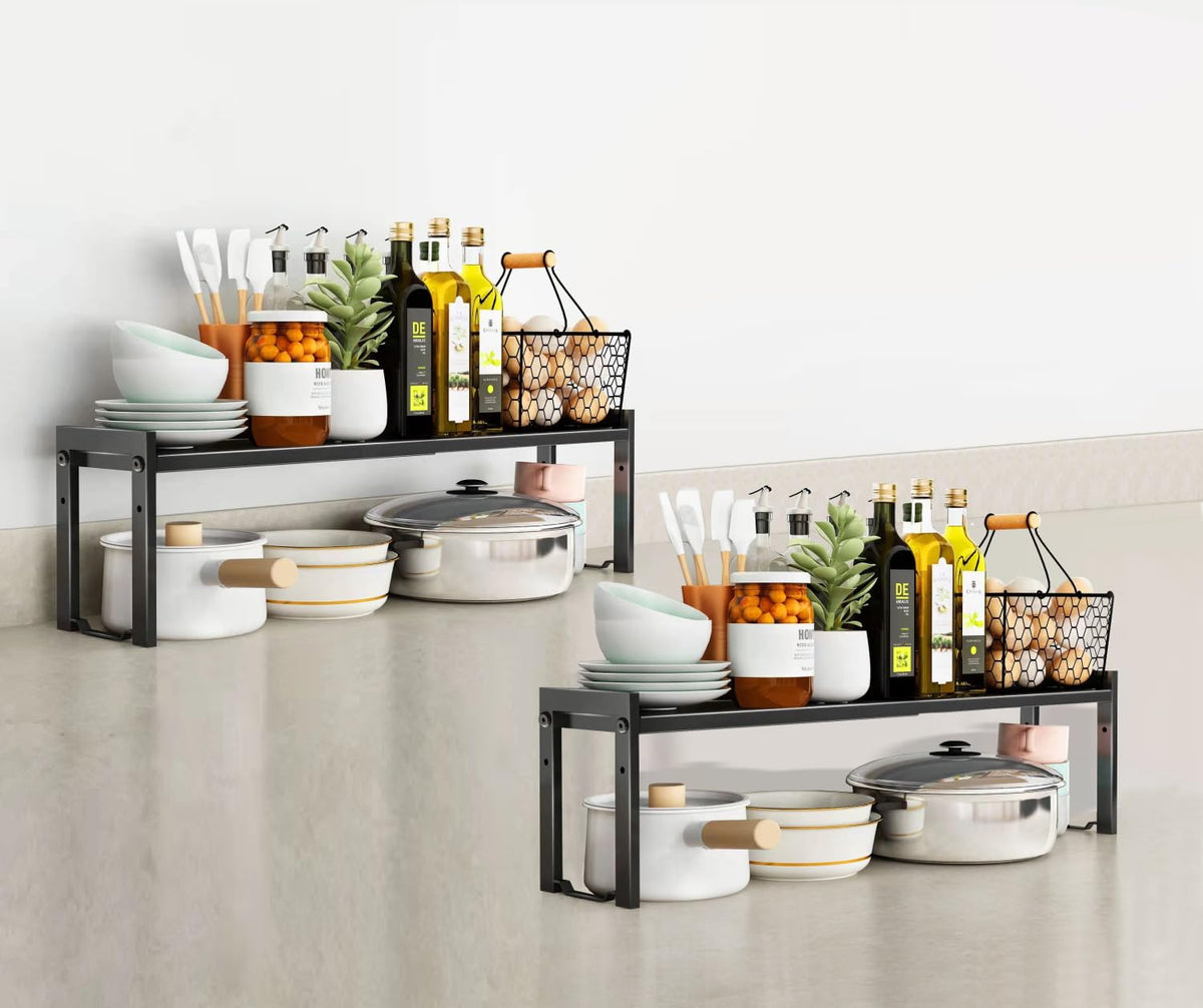 Urhomey Plus 2 Pack Expandable Cabinet Shelf Organizer 16-26' L Stackable Kitchen Counter Shelves Rack Stand Sink Riser Counter
