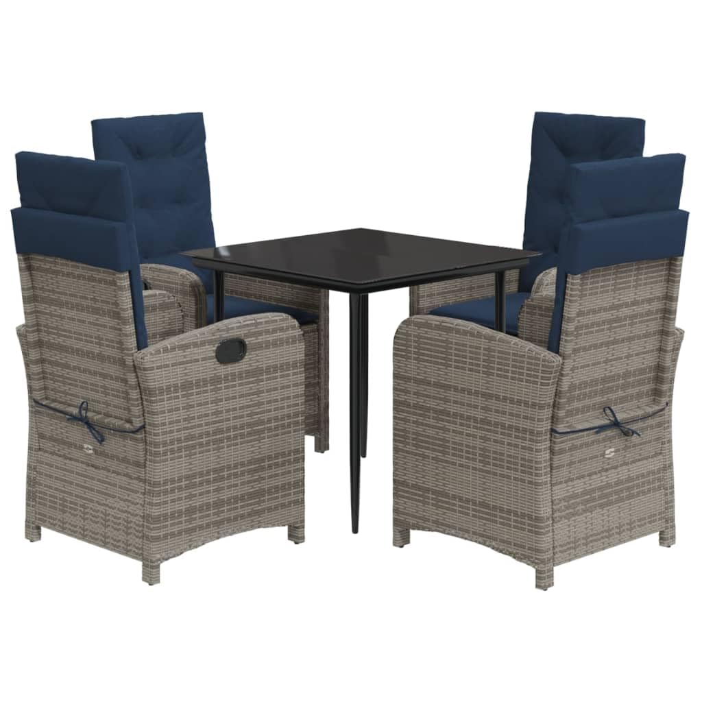 vidaXL 5-Piece Patio Dining Set with Adjustable Rattan Recliner Chairs & Glass Table - Outdoor Garden Furniture with Navy Cushions
