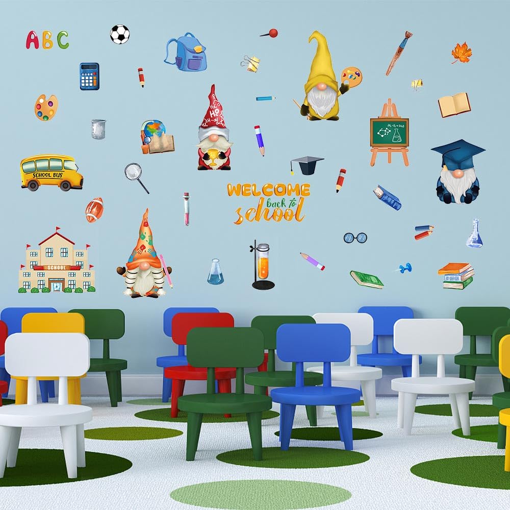 Alibbon Welcome Back To School Wall Stickers For Classroom, Gnome Stickers For Kids, First Day Of School Stickers For Children,