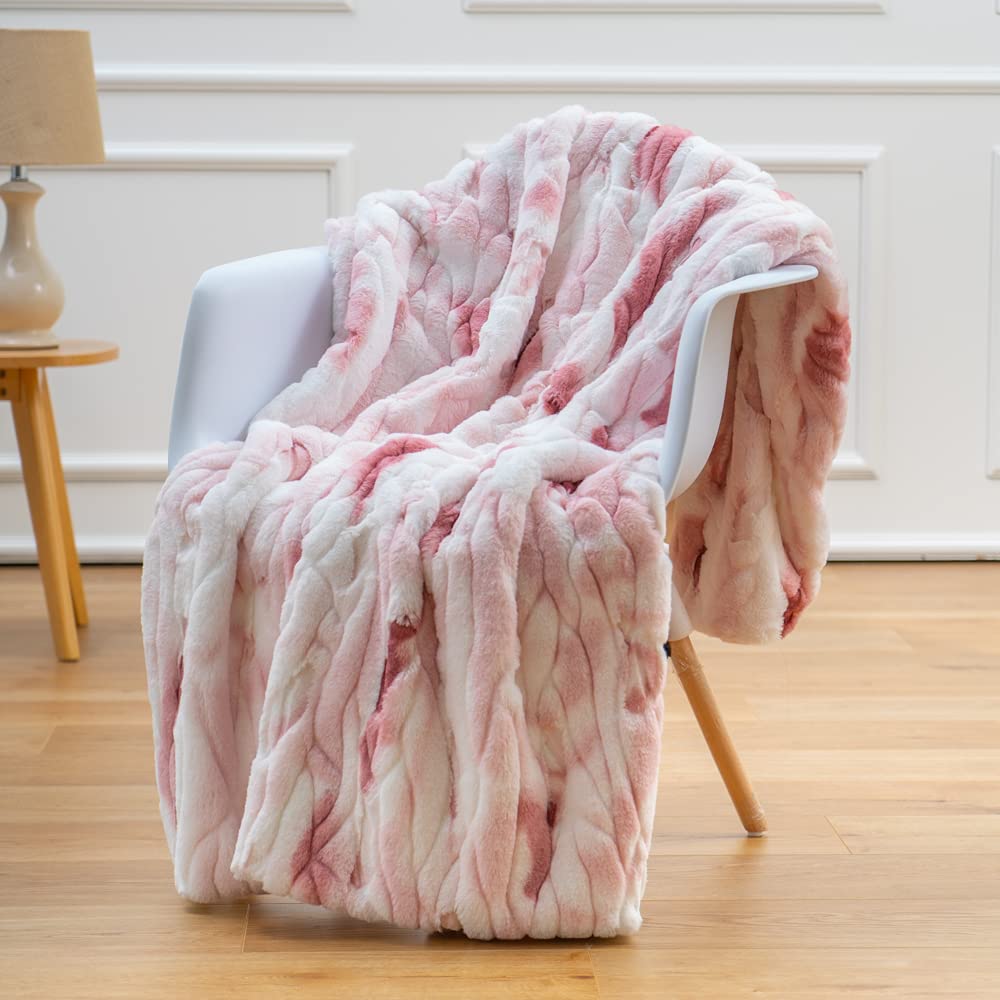 Super Soft Faux Fur Throw Blanket- Royal Luxury Cozy Plush Rose Pink Color Blanket Use For Couch Sofa Bed Chair, Reversible Fuzz