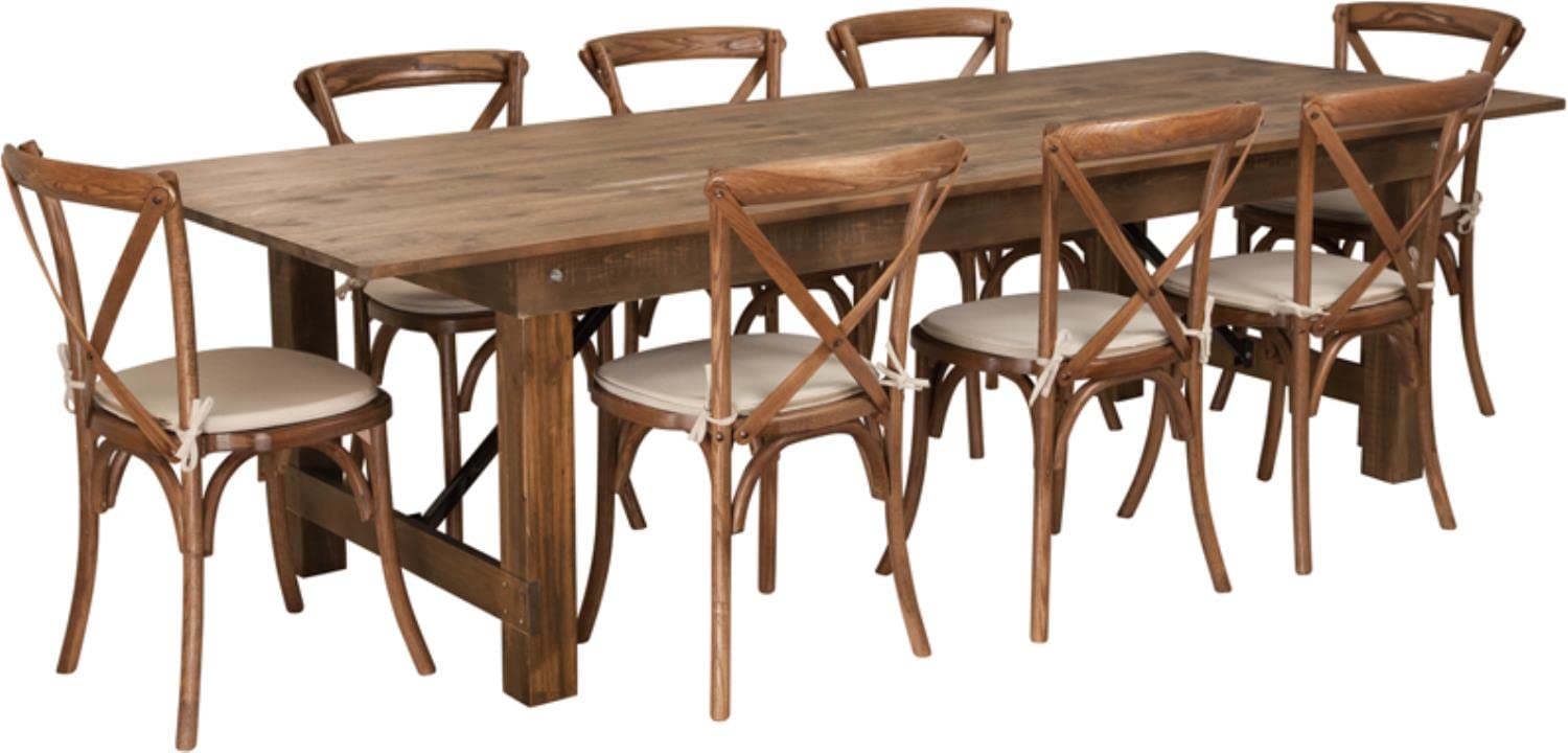 Flash Furniture HERCULES Series 9' x 40'' Antique Rustic Folding Farm Table Set with 8 Cross Back Chairs and Cushions