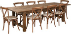 Flash Furniture HERCULES Series 9' x 40'' Antique Rustic Folding Farm Table Set with 8 Cross Back Chairs and Cushions
