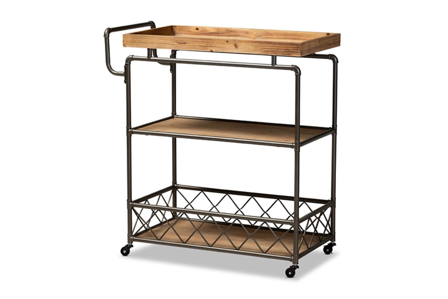 Baxton Studio Amado Rustic Industrial Farmhouse Oak Brown Finished Wood and Black Metal 3-Tier Mobile Kitchen Cart