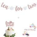 Tea for Two Rose Gold Glitter Banner Sign Garland With Teapot Teacups Pre-strung & Tea for Two Cake Topper for 2nd Second Birthd