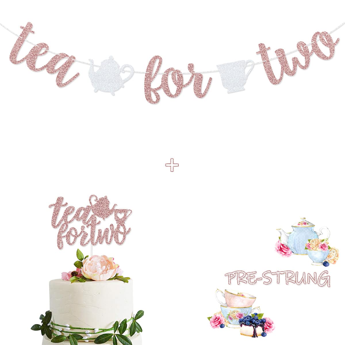 Tea for Two Rose Gold Glitter Banner Sign Garland With Teapot Teacups Pre-strung & Tea for Two Cake Topper for 2nd Second Birthd