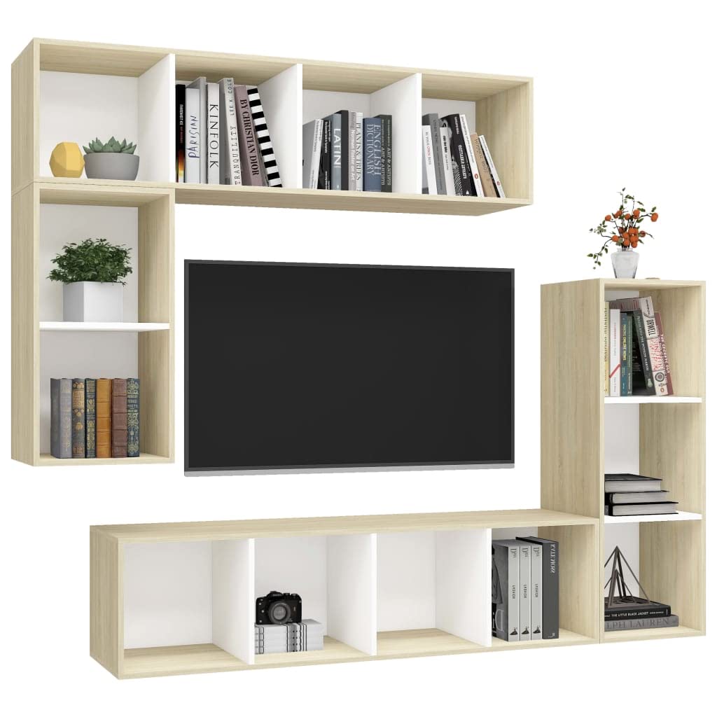 vidaXL 4 Piece Hanging TV Cabinet Set - Engineered Wood in White and Sonoma Oak - Assembly Required - Equipped with Storage Room
