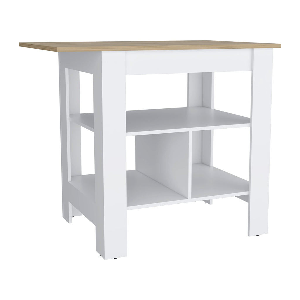 DEPOT E-SHOP Kitchen Island, Kitchen Table 35" H, 3 Open Shelves, White/Macadamia