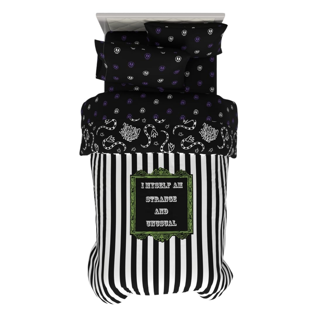Franco Collectibles Beetlejuice Striped Bedding 4 Piece Super Soft Comforter And Sheet Set, Twin, (Officially Licensed Product)