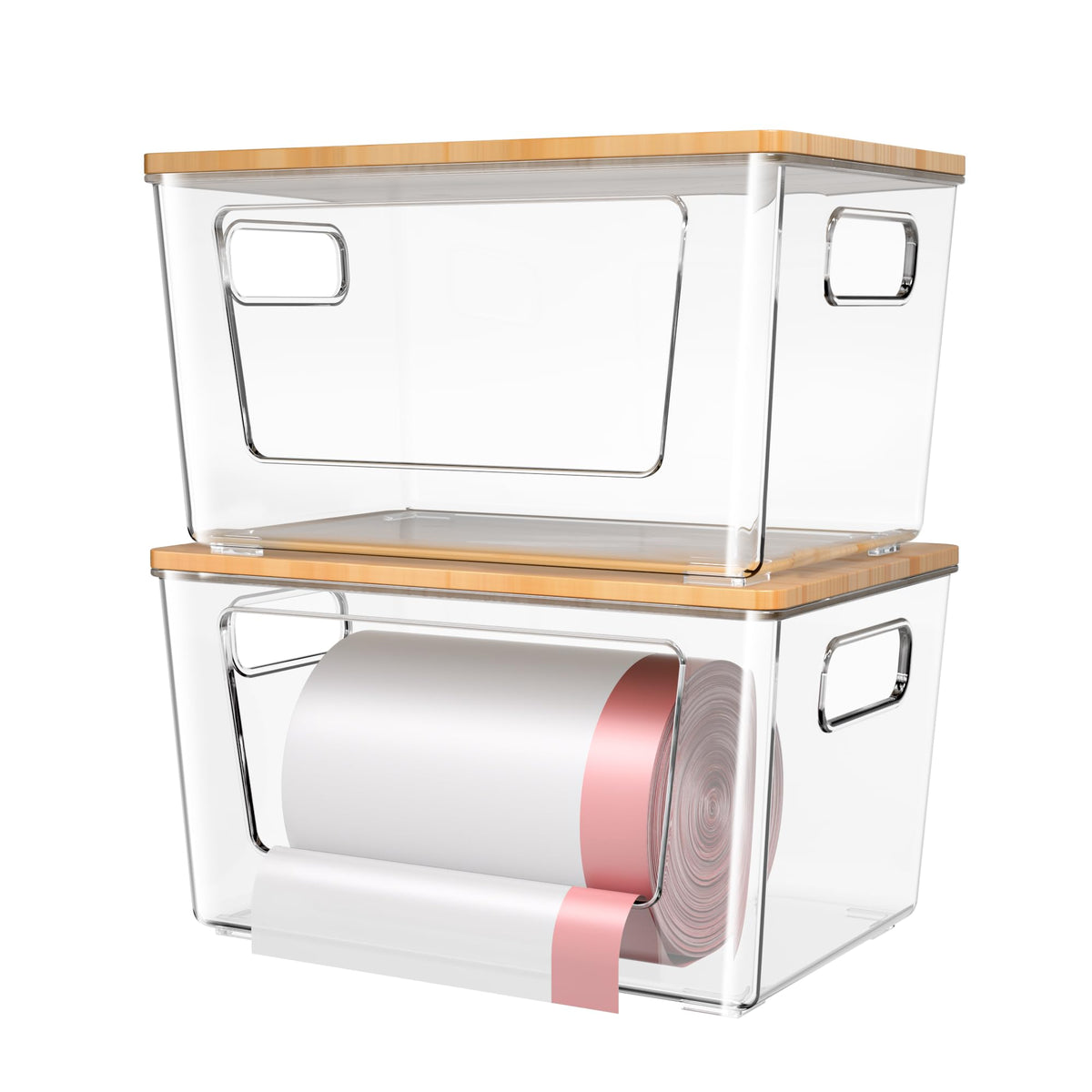 Spospo 2 Pack Trash Bag Holder With Bamboo Lid, Stackable Trashbag Dispenser, Extra Large Garbage Bag Holder For Kitchen Laundry