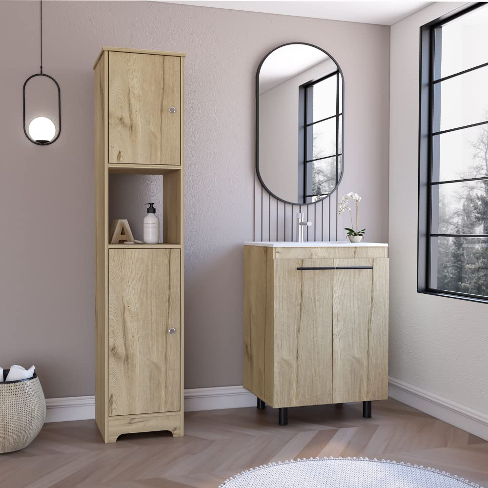 Depot E-Shop Hartford 2-Piece Bathroom Set With Linen Cabinet And Bathroom Vanity, Light Oak