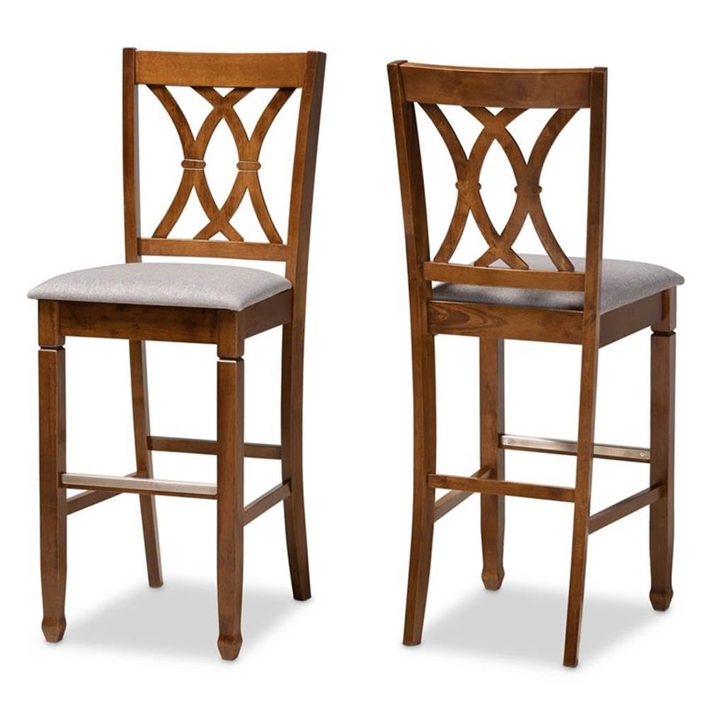 Baxton Studio Calista Gray Upholstered Walnut Wood 2-Piece Bar Stool Set