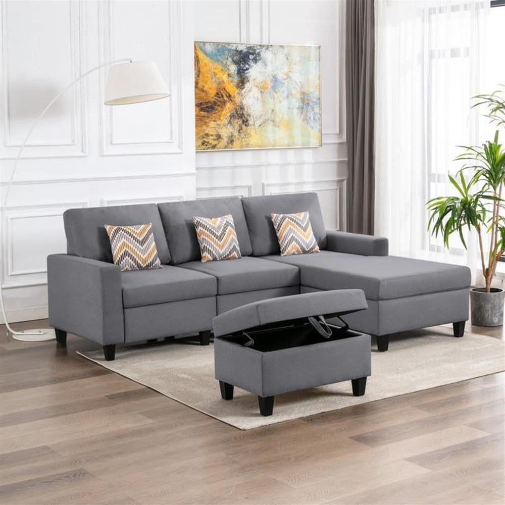 Lilola Home Nolan Gray Linen Fabric 4Pc Reversible Sofa Chaise with Interchangeable Legs, Storage Ottoman, and Pillows