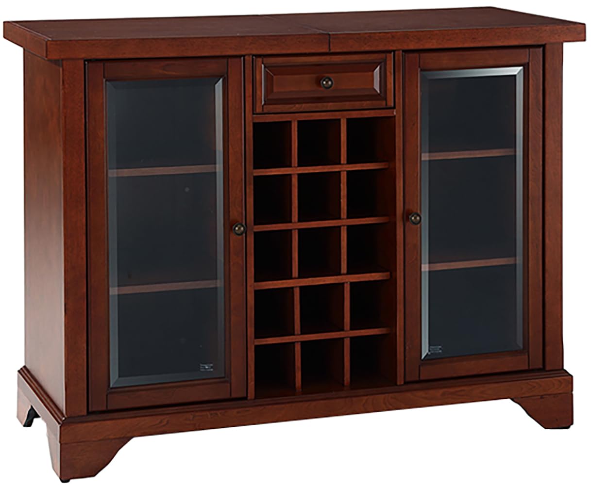 Crosley Furniture LaFayette Sliding Top Bar Cabinet with Storage Shelves, Drawer, and Wine Rack, Vintage Mahogany
