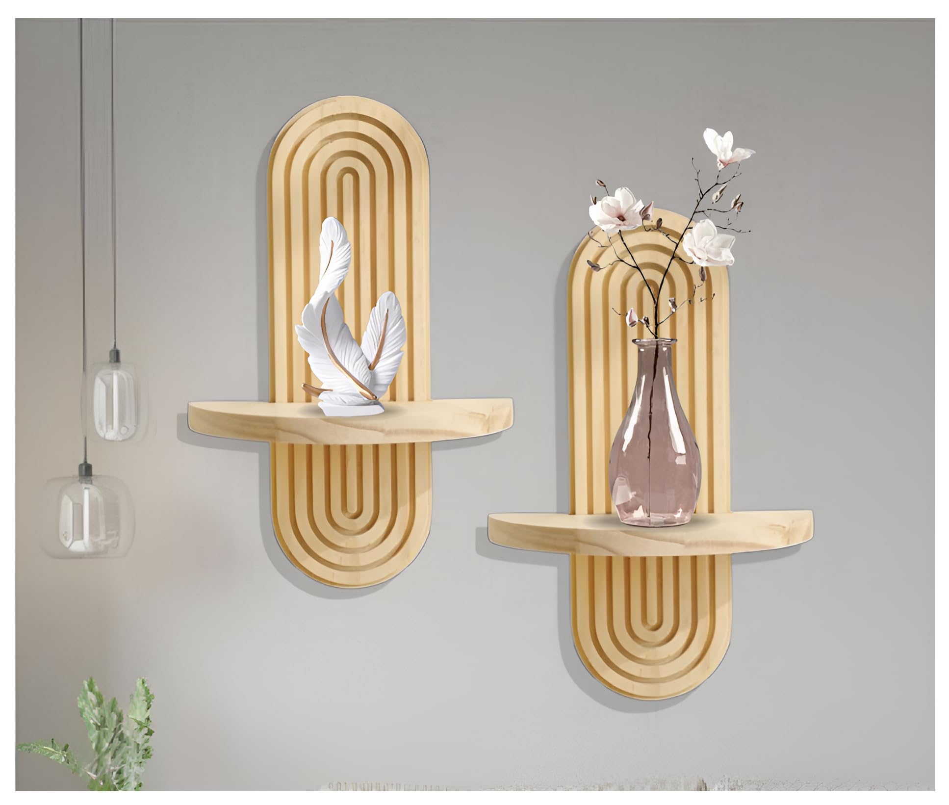 Kalahari Modern Wooden Floating Wall Shelves, Decorative Wall Mounted Display Rack With Nordic Arch Design, Natural Wood Wall Sh