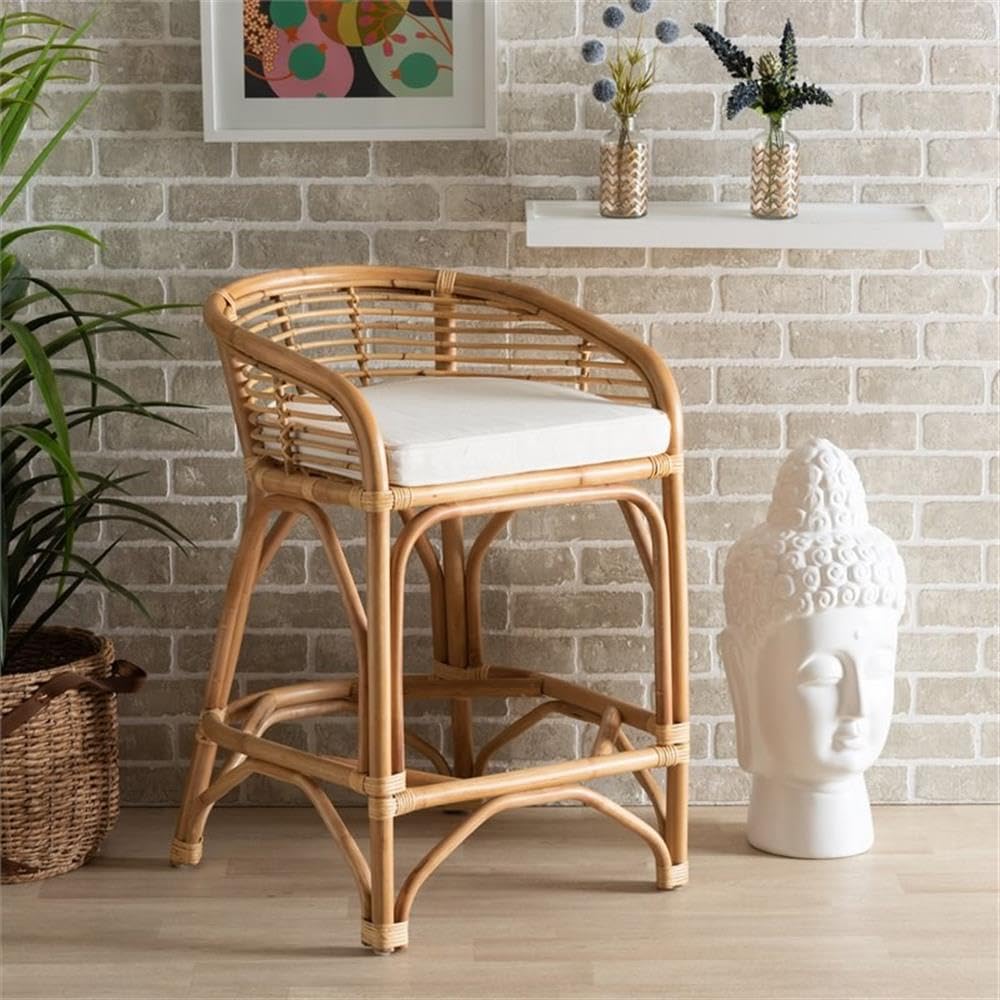 Baxton Studio Maverick Modern Bohemian White Fabric Upholstered and Natural Brown Rattan Counter Stool