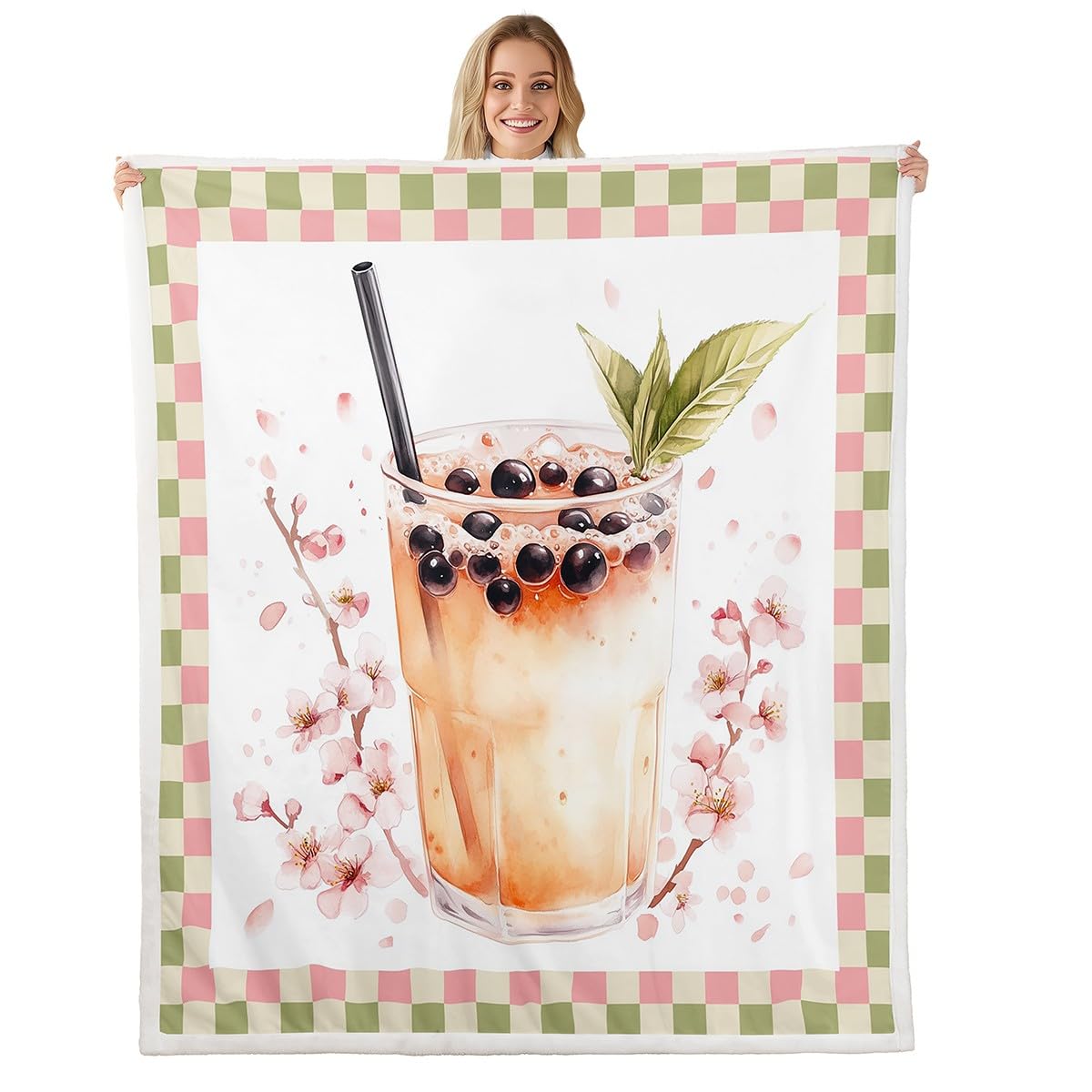 Erosebridal Cute Bubble Tea Fleece Blankets 40X50 Size,Romantic Japanese Cherry Blossom Sherpa Blanket for Young Girls, Pearl Mi