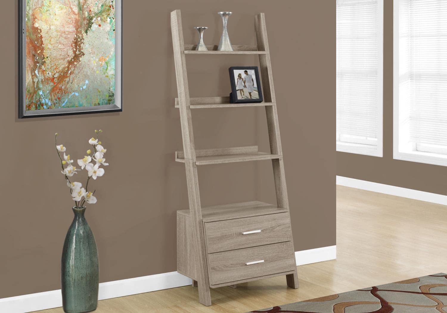 Monarch Specialties , Bookcase, Ladder with 2-Storage Drawers, Dark taupe, 69'H