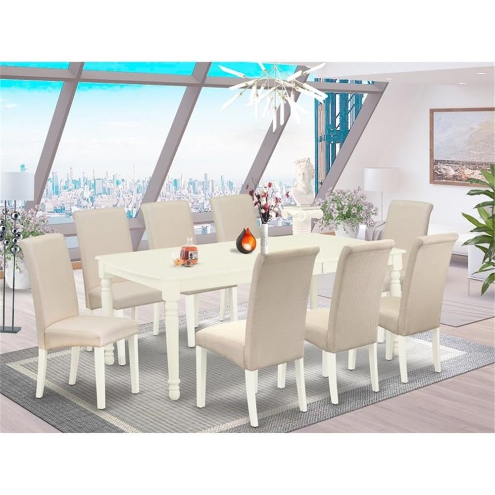 East West Furniture Doba9-Lwh-01 9 Piece Modern Dining Table Set Includes A Rectangle Wooden Table With Butterfly Leaf And 8 Cream Linen Fabric Parsons Dining Chairs, 42X78 Inch, Linen White