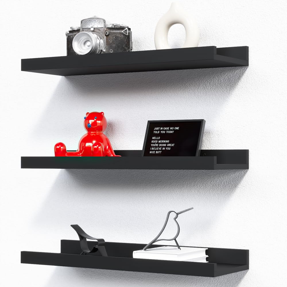 Richer House 3 Set Floating Shelves For Wall, Black Wall Mounted Shelves With Lip For Storage, Display Picture Ledge Shelf For Bedroom Bathroom Kitchen Living Room Wall Decor, Modern Black