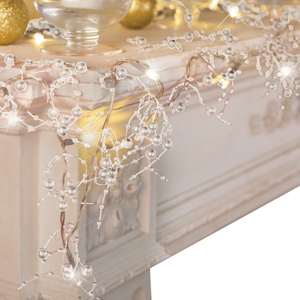 Collections Etc Indoor Christmas Decorations, Festive Lighted Berry Beaded Garland Silver- 120 L