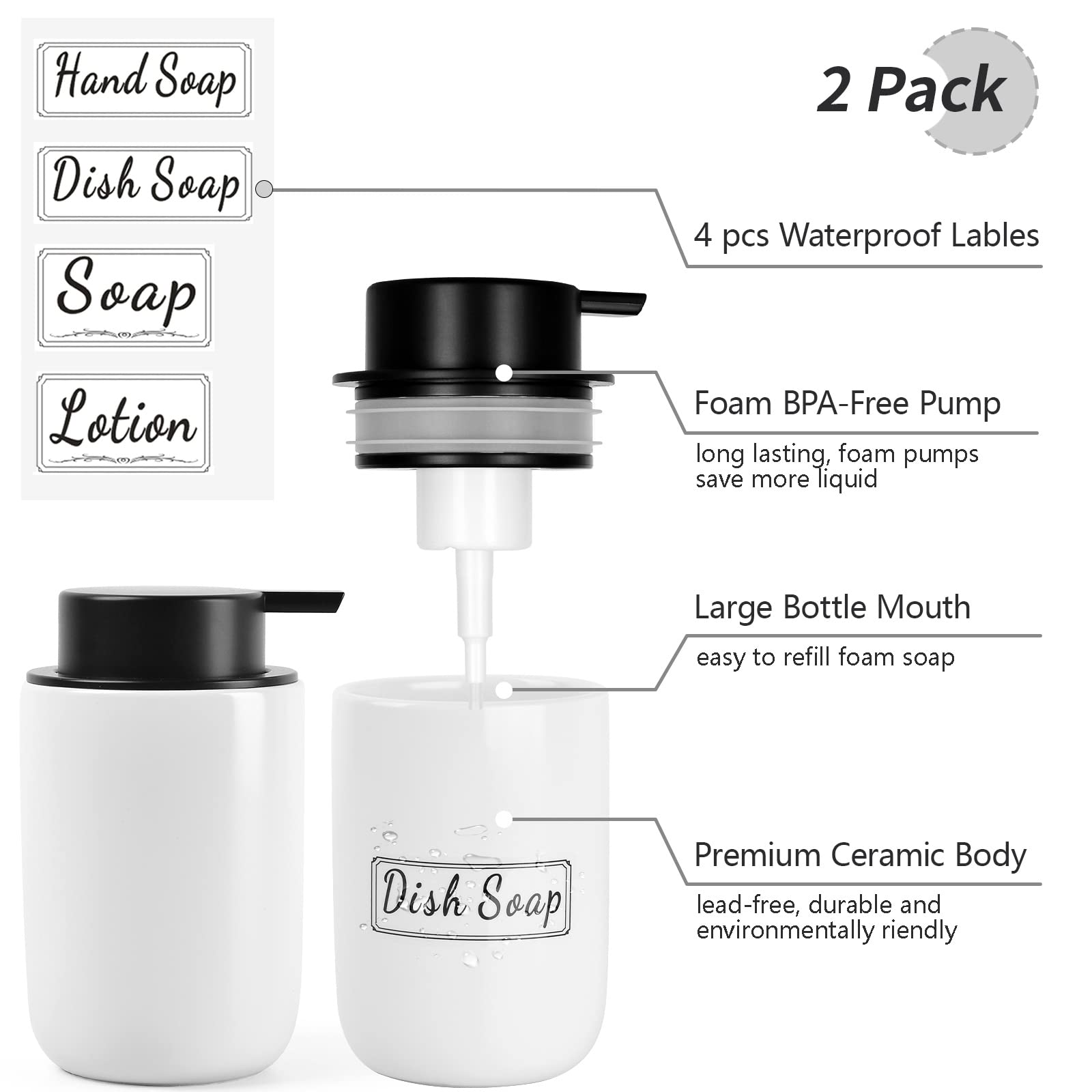 Bosilunlife Foaming Soap Dispenser Set - White Ceramic Foam Hand Soap Dispenser 12Oz Soap Dispenser Set With Rust Proof Pump, 4P