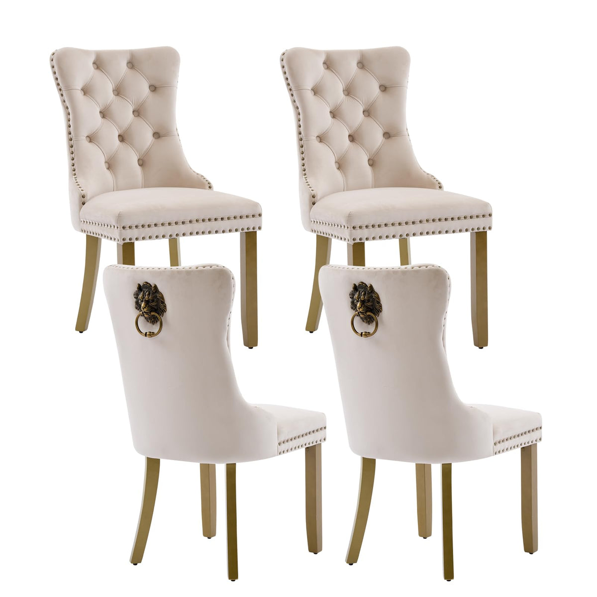 Velvet Dining Chairs Set Of 4, Modern Tufted Dining Room Chair, Upholstered Dining Chairs With Lion Head Pulls Ring And Golden S