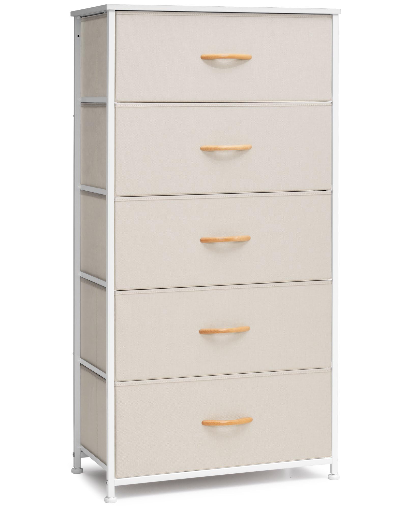 Crestlive Products Vertical Dresser Storage Tower - Sturdy Steel Frame, Wood Top, Easy Pull Fabric Bins - Wide Organizer Unit For Bedroom, Hallway, Entryway, Closets - 5 Drawers(Beige)