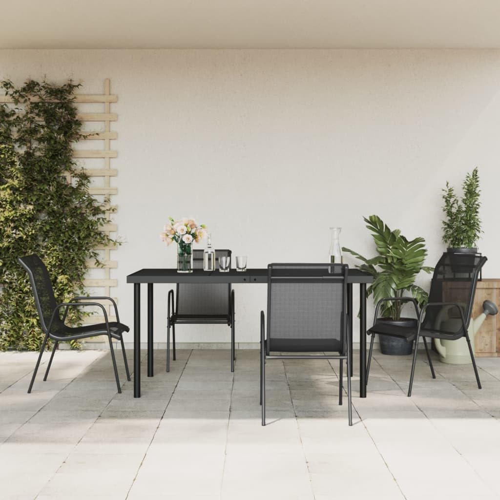 vidaXL 5 Piece Patio Dining Set with Comfortable Textilene Armchairs, Black & Anthracite - Durable Steel Construction with Tempered Glass Tabletop for Garden or Patio