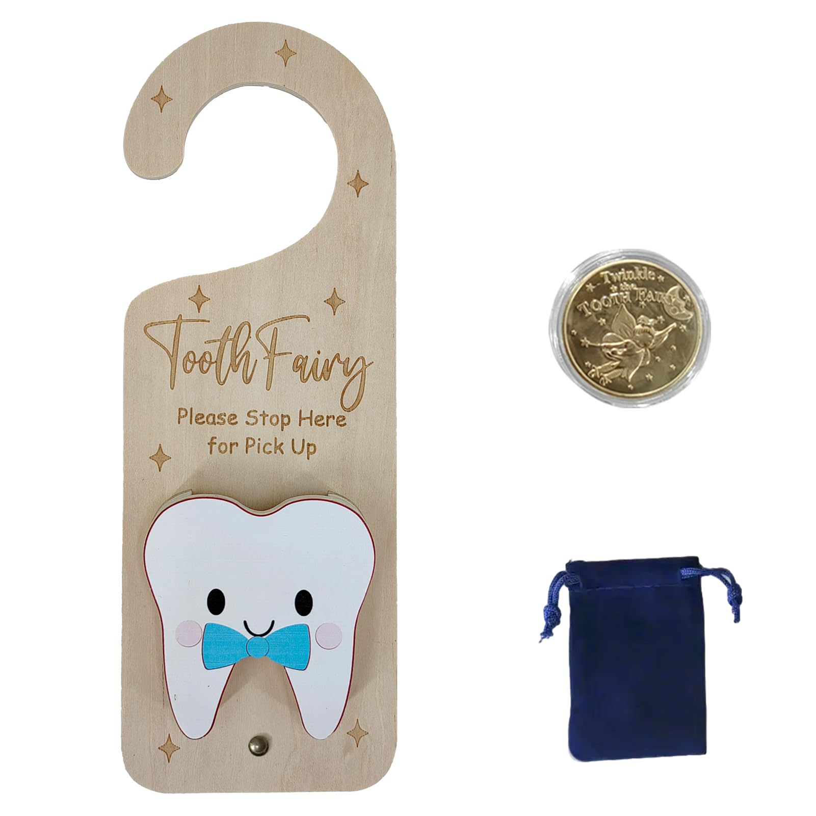 PAMBO Tooth Fairy Door Hanger, Wooden Tooth Fairy Holder with Tooth Coins for Lost Tooth Kids Gifts - Blue