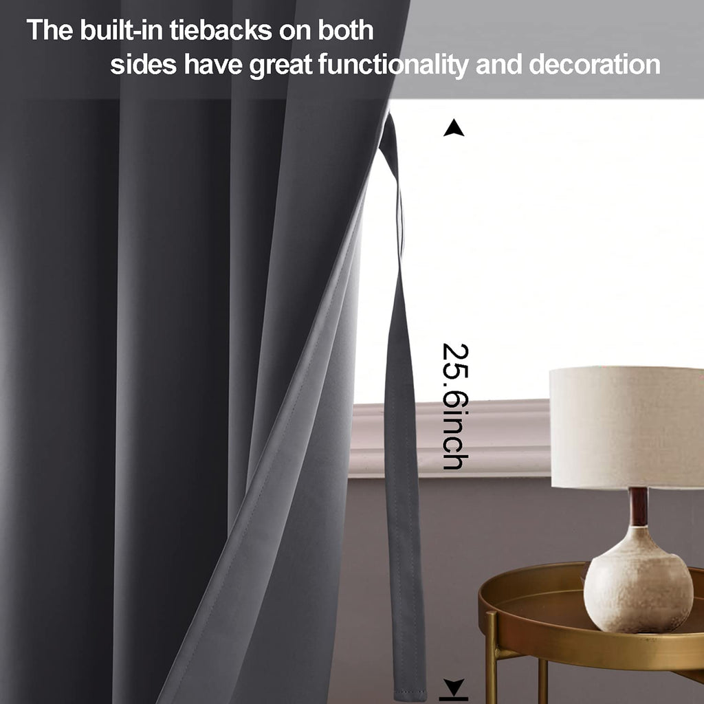 Jiuzhen Blackout Curtains With Tiebacks - Thermal Insulated, Light Blocking And Noise Reducing Grommet Curtain Drapes For Bedroom And Living Room, Set Of 2 Panels, Dark Grey, 52 X 63 Inch Length