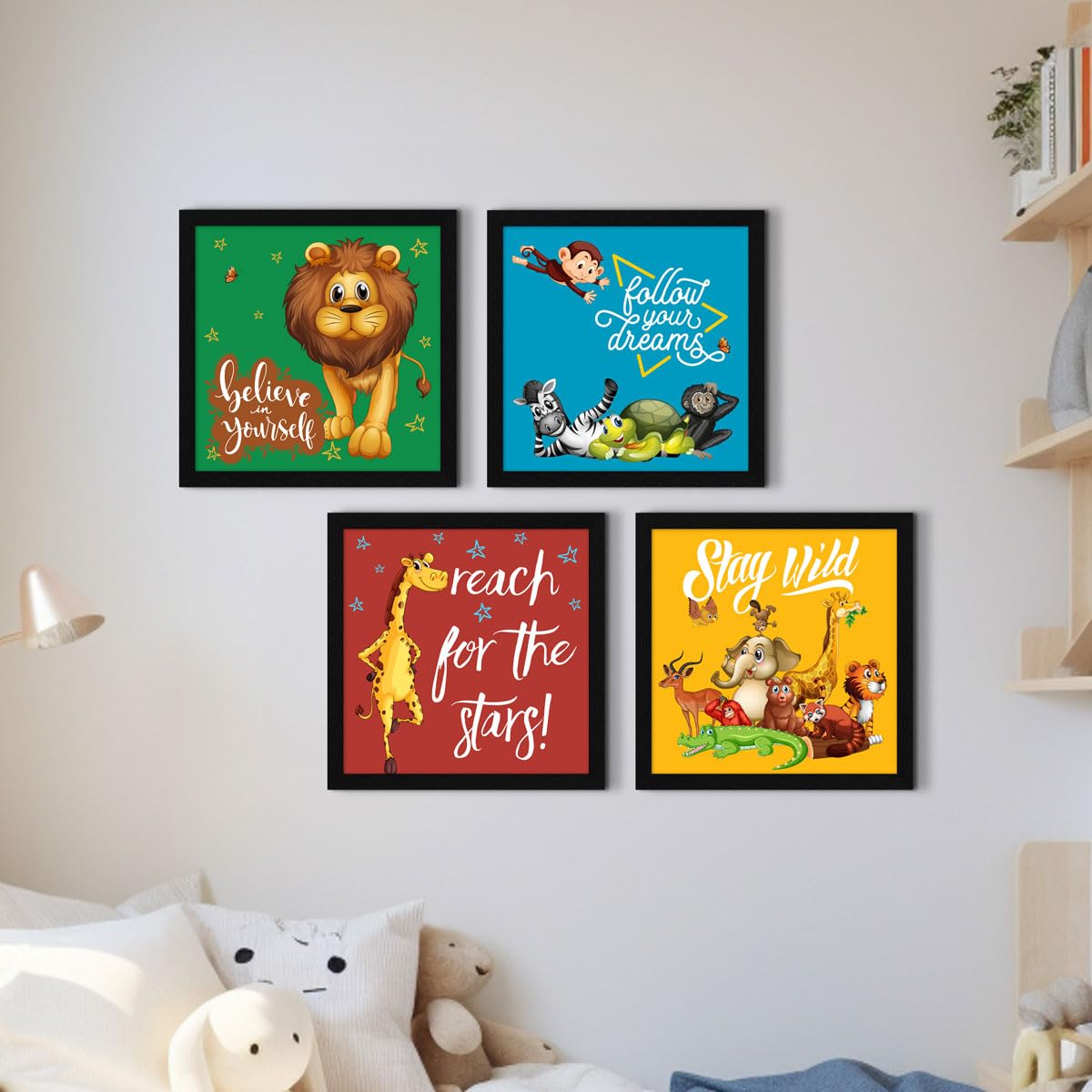 Artx Set Of 4 Cartoons Animals Kids Room Decoration Items, Painting Wall Art, Framed Paintings, 10.0 X 10.0 Inche Each, Multicol