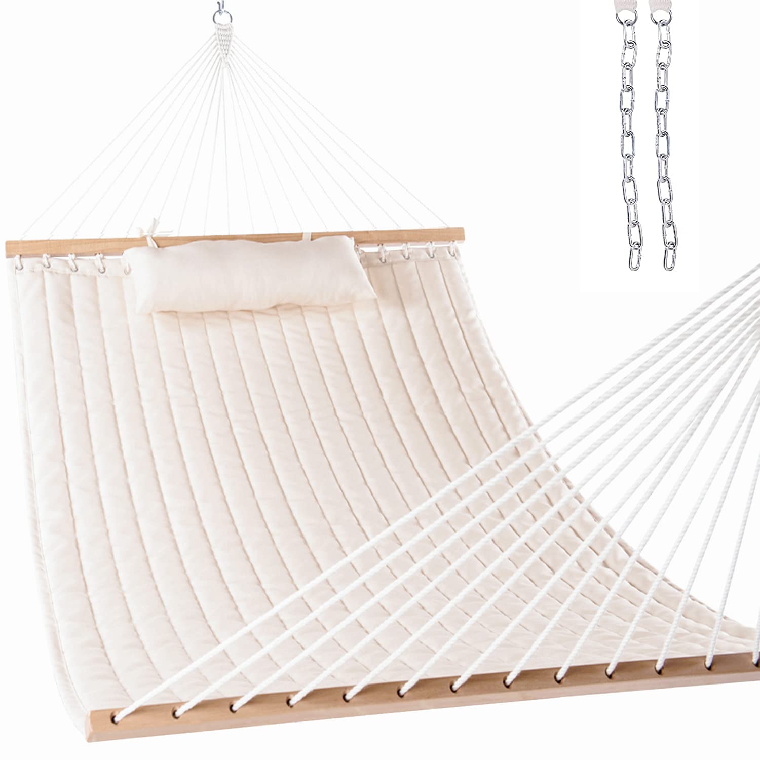 Lazy Daze Hammocks 12 FT Double Quilted Fabric Hammock with Spreader Bar and Detachable Pillow, 2 Person Hammock for Outdoor Pat