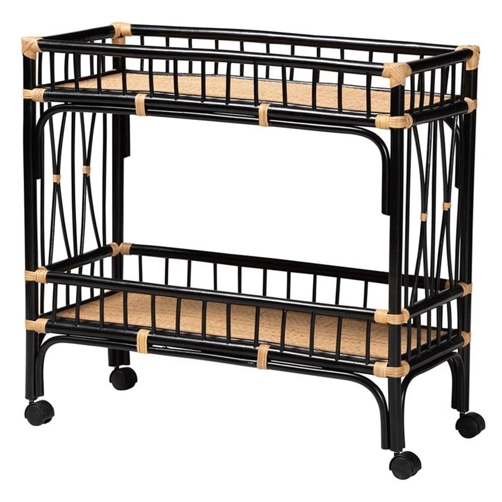 bali & pari Dalinda Two-Tone Black and Natural Brown Rattan 2-Tier Kitchen Cart