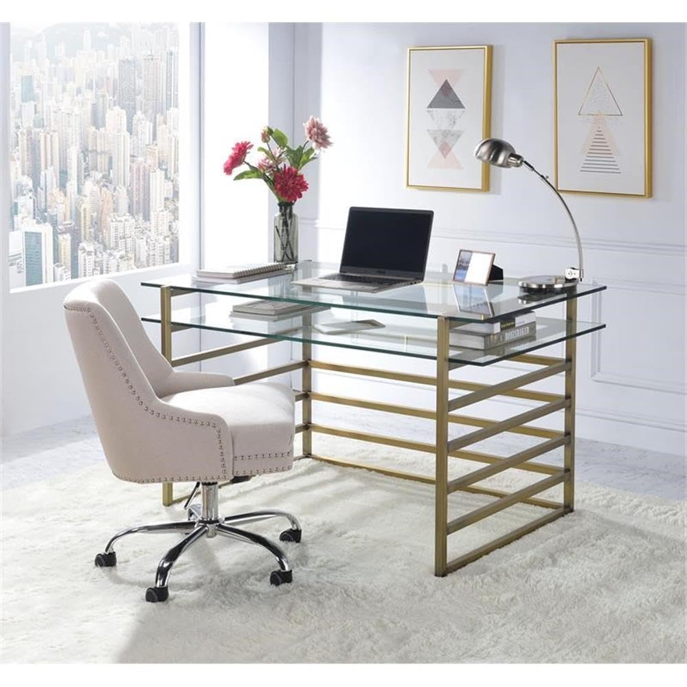 Acme Shona Glass Rectangular Top 1-Shelf Desk in Antique Gold and Clear