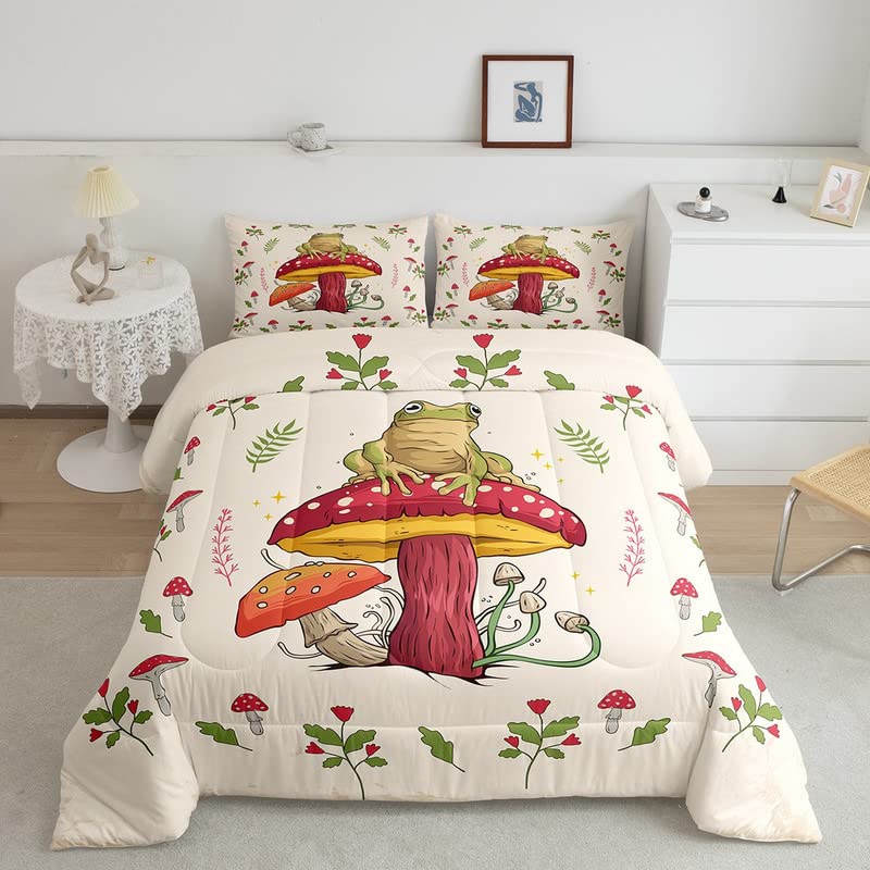 Feelyou Frog Print Bedding Set Kids Kawaii Decor Comforter Set Frog Mushrooms Comforter Cover Set for Room Decor Botanica Cute M