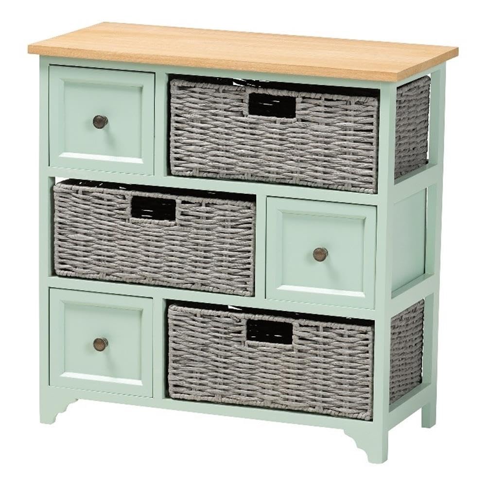 Baxton Studio Valtina Modern And Contemporary Twotone Oak Brown And Mint Green Finished Wood 3Drawer Storage Unit With Baskets