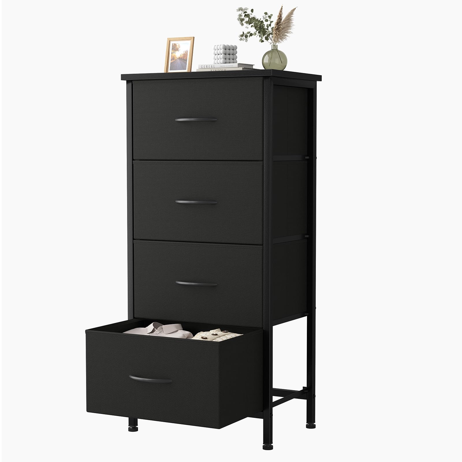 Sweetcrispy 4 Fabric Drawer Small Dresser, Bedside Nightstand with Wooden Top Sturdy Frame, Entryway Closet Bedroom Storage Cabi