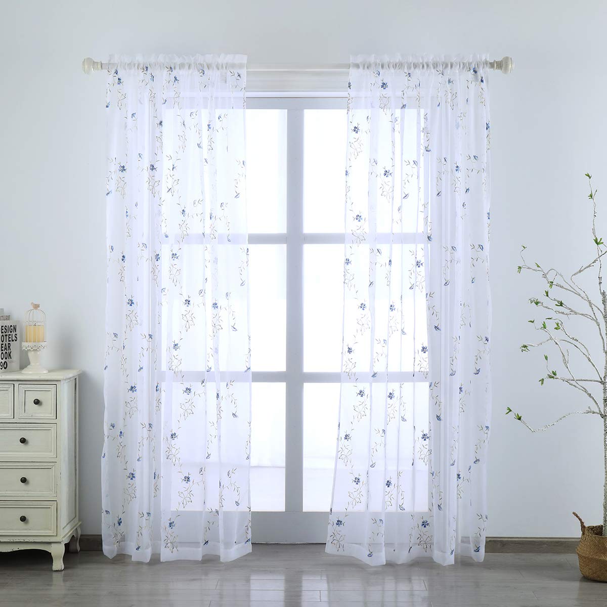 Taisier Home Floral Embroidered Sheer Curtains For Girls Room Purple Buds Retro Voile Curtain Panels For Bedroom Rod Pocket 2 Pa