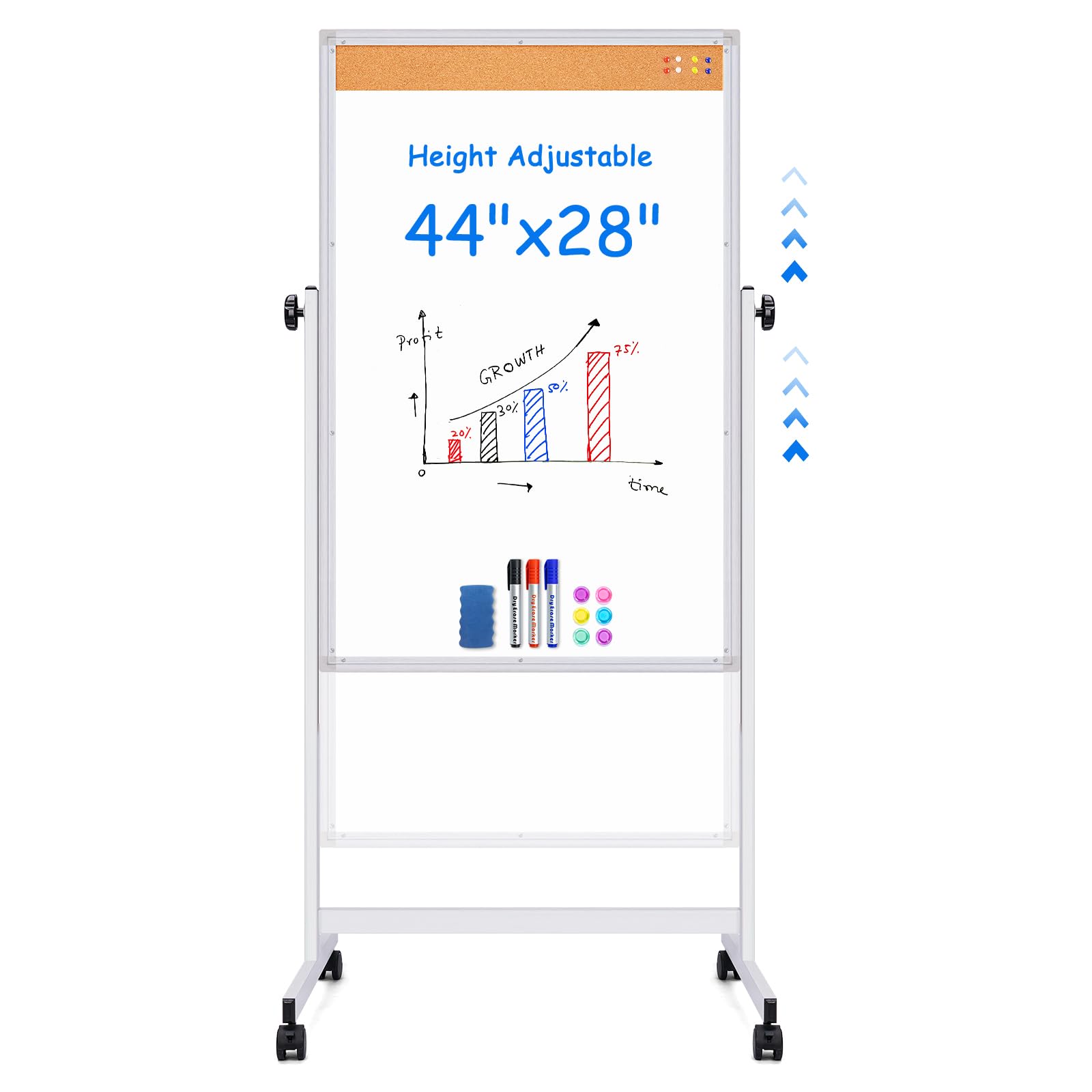 Maxtek Rolling White Board, 44X28 Inches Magnetic Cork Board Combo, Portable Double-Sided Dry Erase Board On Wheels, Height Adju