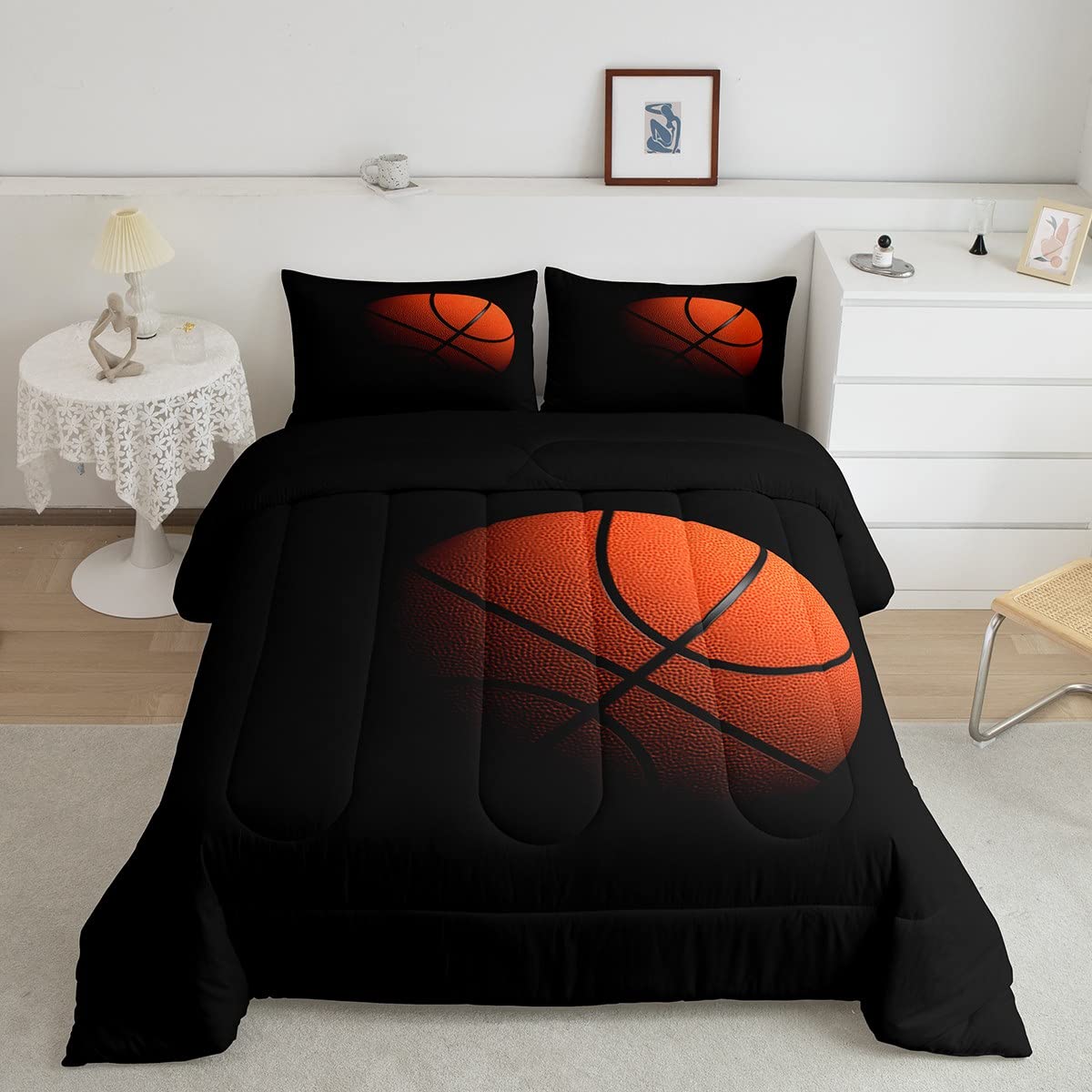 Castle Fairy Basketball Print Black And Orange Comforter Set Twin Size For Children,Teens Boys Kids Sports Bedding Set,Basketbal