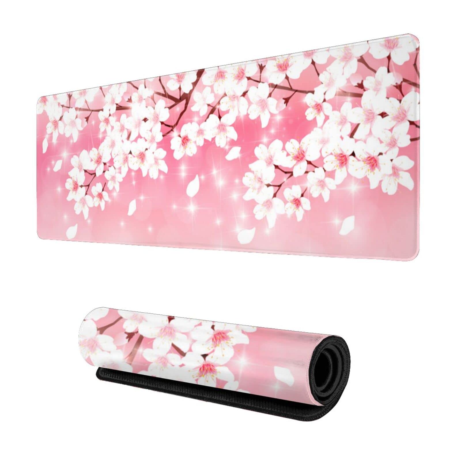 Pink Cherry Blossoms Gaming Mouse Pad Xl, Large Non Slip Rubber Mousepad, Stitched Edges Desk Pad, Long Extended Mice Pad,31.5'